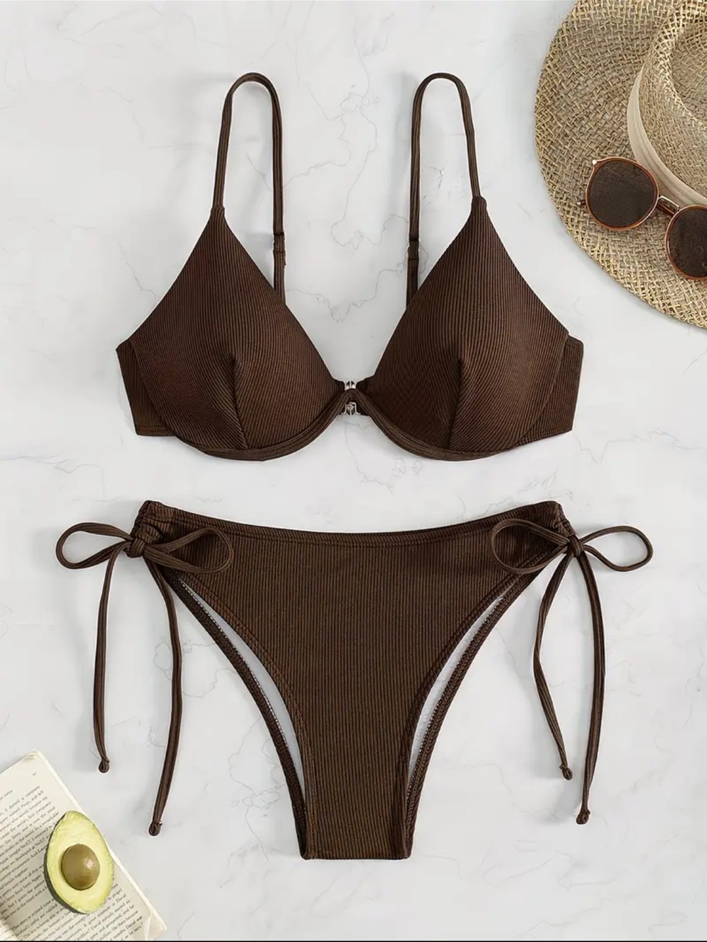 Brown Ribbed Tie-Side Bikini Set